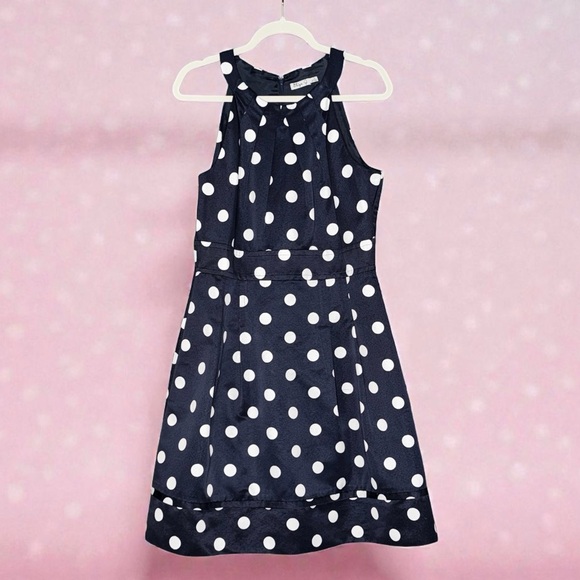 Eliza J Navy White Polka Dot Sleeveless Fit & Flare Dress Pleated Skirt Size 14 - Picture 3 of 6